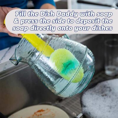 Scrub Dish Daddy Wand – Soap Dispensing Dish Brush with Handle, Multi-Texture Sponge, Scraper & Detachable Head – Blue