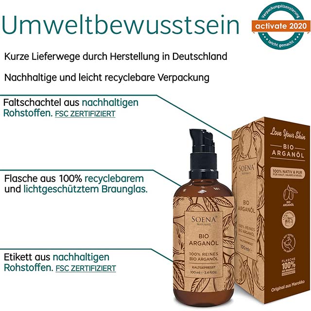 Soena Naturals Organic Argan Oil – Cold Pressed 100% Pure Moroccan Argan Oil for Hair, Skin & Nails, 100ml in Light-Protected Brown Glass with Pipette & Pumper