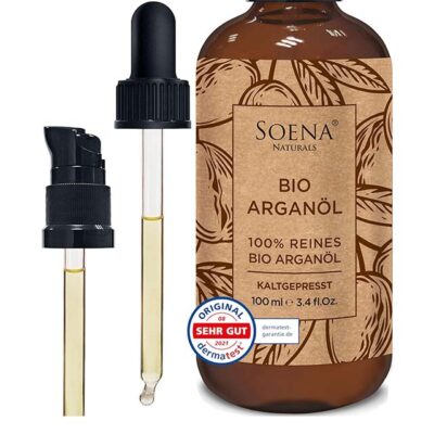 Soena Naturals Organic Argan Oil – Cold Pressed 100% Pure Moroccan Argan Oil for Hair, Skin & Nails, 100ml in Light-Protected Brown Glass with Pipette & Pumper