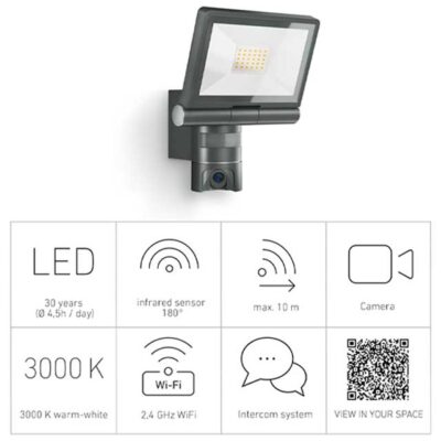 Steinel 21W Outdoor LED Projector with XLED CAM 1 SC Surveillance Camera, Intercom & 180° Infrared Motion Detector – Anthracite