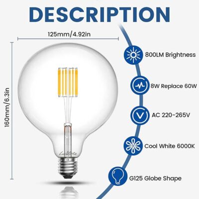 Vintage Retro E27 Dimmable LED Filament Globe Bulb – 8W (60W Equivalent), Cool White 6000K, Clear Glass, 800LM, G125 Edison Screw | Pack of 1