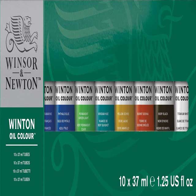Winsor & Newton Winton Oil Color Paint Set – 10 x 37ml Tubes (1.25 Fl Oz) | Artist-Quality Oil Paints for Beginners & Professionals | Rich Pigments, Smooth Application – Starter Set