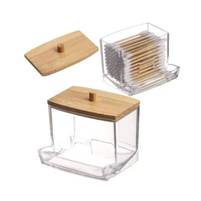1pc Cotton Pad Holder - Bamboo Lid Dispenser, Clear Plastic Bathroom Storage Jar for Cotton Pads & Cosmetics