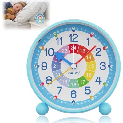 Blue Kids Alarm Clock – 4" Analog, Non-Ticking Educational Alarm Clock with Night Light & Colorful Dial for Bedroom