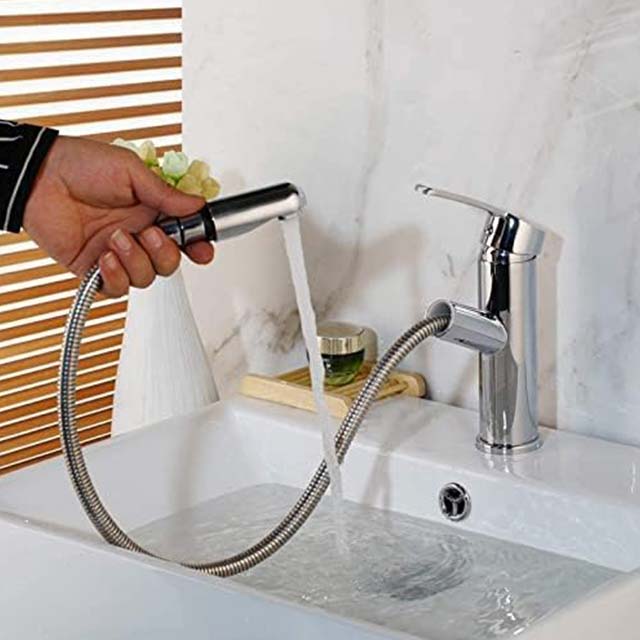 Deck-Mounted 1-Hole Pull-Out Sink Tap – Hot & Cold Water Mixer Faucet with Pull Down Crane for Kitchen & Bathroom