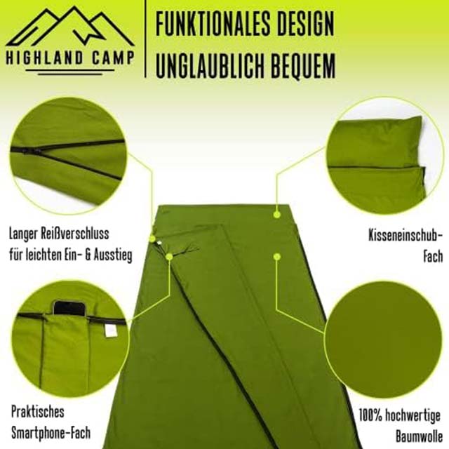 Highland Camp Ultralight Cabin Sleeping Bag – 570g Cotton Mini Sleeping Bag for Hostels, Mountain Huts & Youth Travel