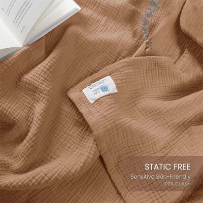 Lulu Moon Organic Muslin Quilt Blanket 55"x75" – Lightweight Throw for Adults & Kids (Caramel)