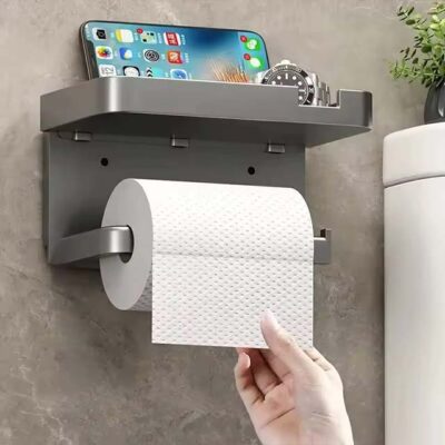 Toilet Paper Holder with Plastic Storage Rack – Wall-Mounted Organizer for Kitchen Towels, Seasoning Bottles & Bathroom Paper Roll, Phone Storage
