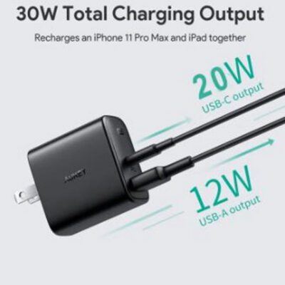 AUKEY PA-F3S 32W Dual-Port USB Fast Charging Wall Charger with PD 3.0 & Foldable US Plug – Compatible with iPhone, iPad Pro, Xiaomi & Samsung