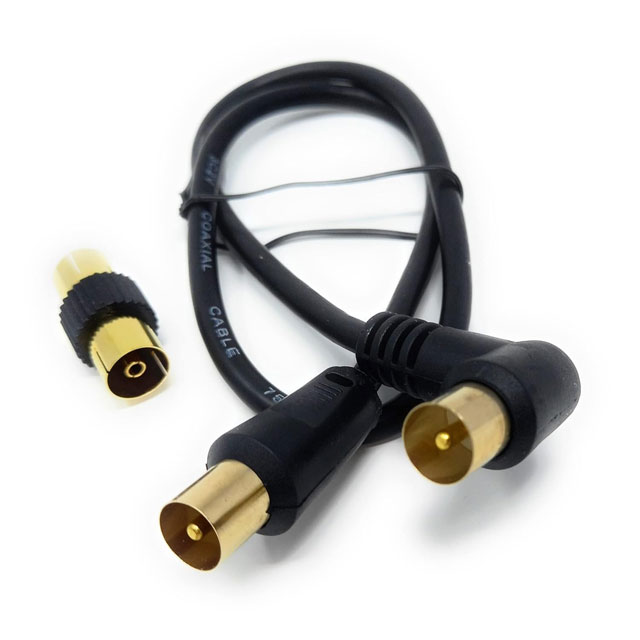 DRUT 40cm Short TV RF Coaxial Cable – Right Angle Male-to-Male Aerial Antenna Cord with Female Coupler, Gold Connectors, 75 Ohm, 3C2V, Black (1.3ft)