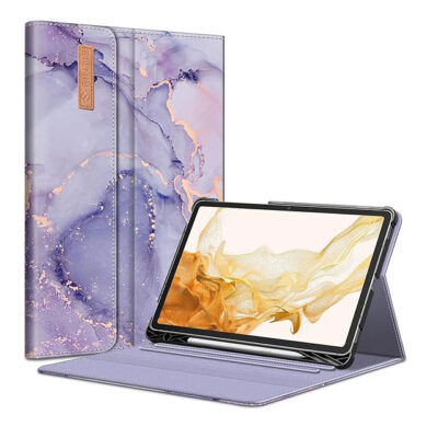 Fintie Premium Vegan Leather Folio Case for Onn 10.1" Tablet Gen 3 (2022) – Protective Stand Cover with Pencil Holder, Lilac Marble Design for Android Tablet 100071485