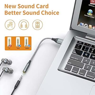 High-Quality USB to 3.5mm Audio Adapter – External Sound Card Converter for Headset, PC, Mac, Windows & PS4, Plug & Play USB-A Audio Jack in Grey