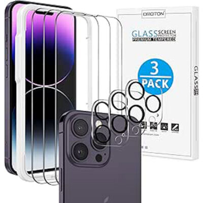 OMOTON iPhone 14 Pro Screen Protector Bundle – 3-Pack Tempered Glass & Camera Lens Protectors, Easy Install & Case Friendly Alignment for 6.1-inch Display
