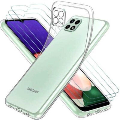 Samsung Galaxy A22 5G Case with 3-Pack Clear Glass Screen Protector – Durable 6.6" Transparent Back Cover