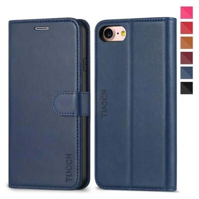 TUCCH Blue Leather Folio Wallet Case for iPhone 7/8 4.7" – Flip Cover with Kickstand, Magnetic Closure, TPU Inner Shell & Card Slots