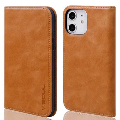 VISOUL Genuine Italian Leather iPhone 12 Pro Case – Flip Folio Wallet Cover with Magnetic Closure, Built-in Book Stand & Card Slots, Shockproof Protective Case for 6.1" iPhone 12/Pro in Yellow