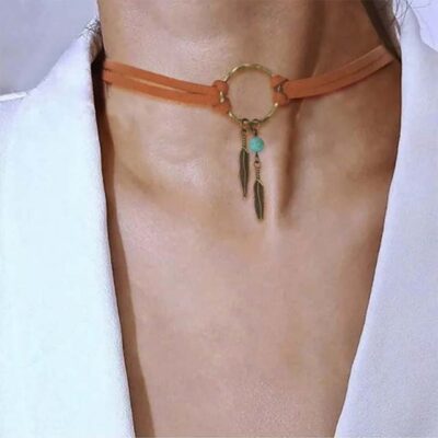 Women's Boho Leather Choker Necklace with Feather & Bead Pendant – Fashion Party Jewelry Gift