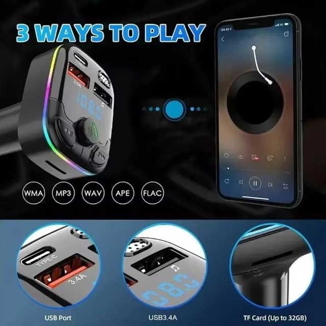 Digital Display Car MP3 Player β Hands-Free Bluetooth, Fast Charging Cigarette Lighter Adapter with Type-C & USB Ports for iPhone & Samsung