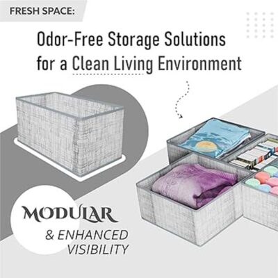 Kuber Industries Grey Non-Woven Foldable Drawer Organizer – Jute-Print Storage Box for Clothes, Socks, Bras, Scarfs & Stationery – Wardrobe & Cabinet Organizer