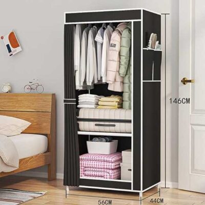 Collapsible Fabric Wardrobe Closet – Portable Black Storage Organizer with Dustproof Curtain, Hanging Rod & Metal Frame | Space-Saving & Easy to Assemble