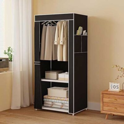 Collapsible Fabric Wardrobe Closet – Portable Black Storage Organizer with Dustproof Curtain, Hanging Rod & Metal Frame | Space-Saving & Easy to Assemble