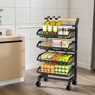 3/4/5 Tier Kitchen Storage Trolley with Wheels – Rolling Vegetable & Fruit Basket Organizer Rack with Shelves