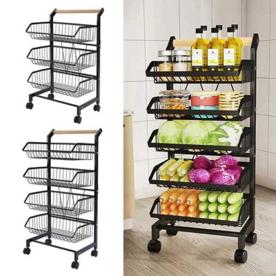 3/4/5 Tier Kitchen Storage Trolley with Wheels – Rolling Vegetable & Fruit Basket Organizer Rack with Shelves