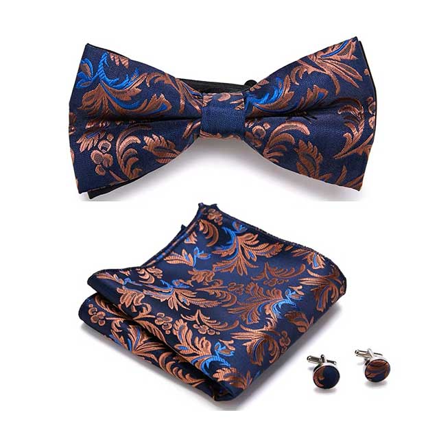 HUISHI Men's Classic Bow Tie Set β Blue Paisley Floral Bowtie with Pocket Square & Cufflinks | Wedding Party Suit Accessory