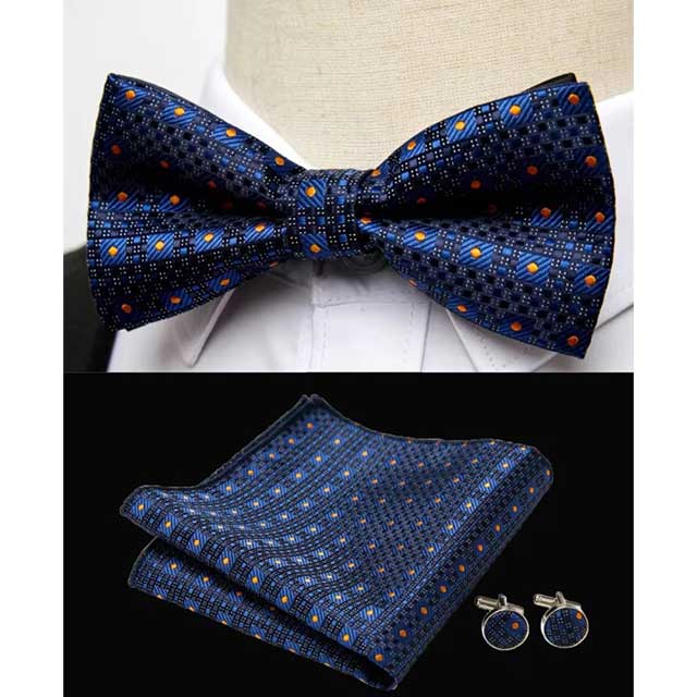 HUISHI Men's Classic Bow Tie Set β Blue Paisley Floral Bowtie with Pocket Square & Cufflinks | Wedding Party Suit Accessory