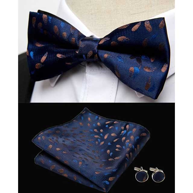 HUISHI Men's Classic Bow Tie Set β Blue Paisley Floral Bowtie with Pocket Square & Cufflinks | Wedding Party Suit Accessory