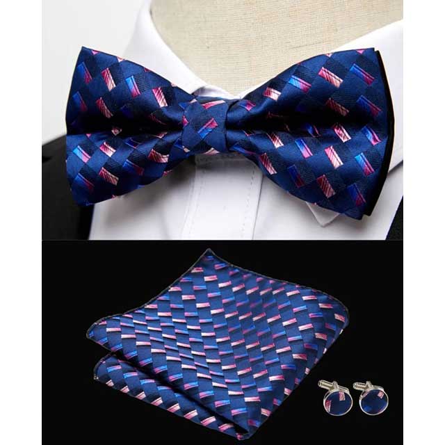 HUISHI Men's Classic Bow Tie Set β Blue Paisley Floral Bowtie with Pocket Square & Cufflinks | Wedding Party Suit Accessory