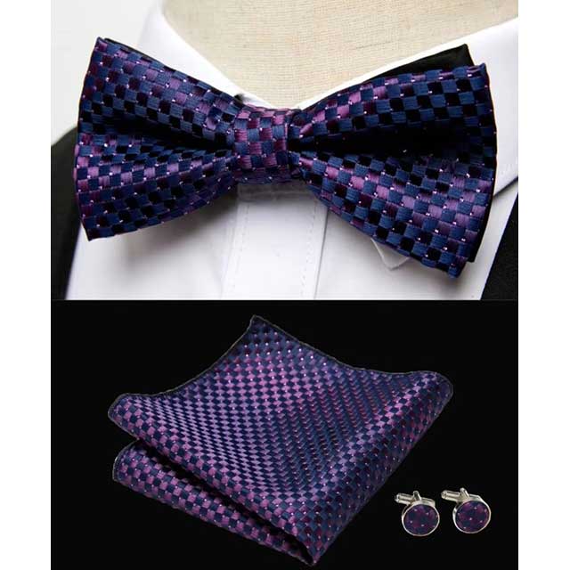 HUISHI Men's Classic Bow Tie Set β Blue Paisley Floral Bowtie with Pocket Square & Cufflinks | Wedding Party Suit Accessory