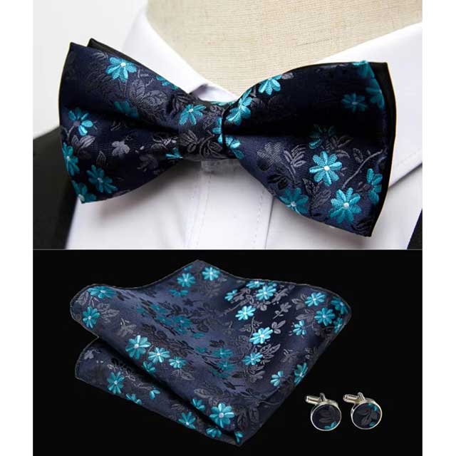 HUISHI Men's Classic Bow Tie Set β Blue Paisley Floral Bowtie with Pocket Square & Cufflinks | Wedding Party Suit Accessory