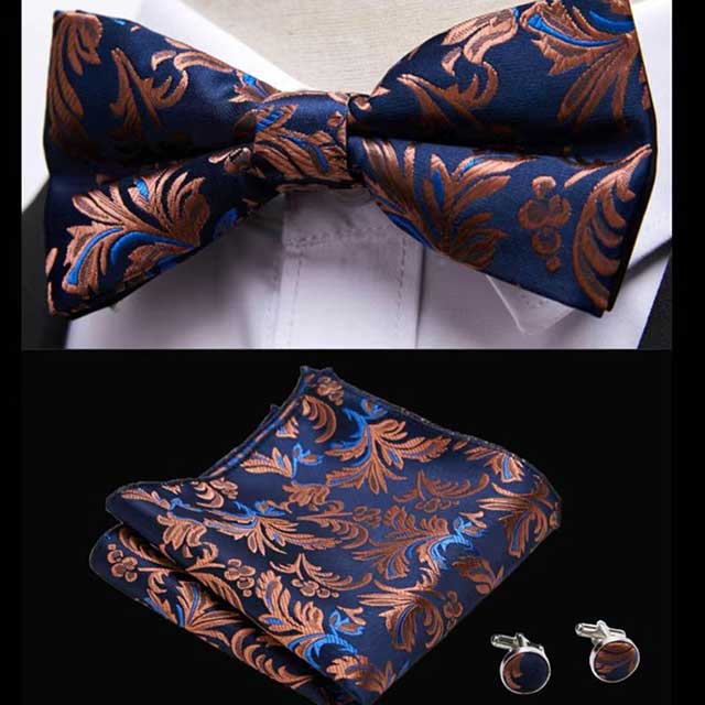 HUISHI Men's Classic Bow Tie Set β Blue Paisley Floral Bowtie with Pocket Square & Cufflinks | Wedding Party Suit Accessory