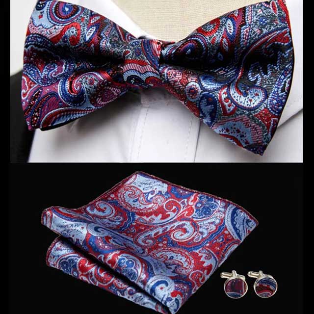 HUISHI Men's Classic Bow Tie Set β Blue Paisley Floral Bowtie with Pocket Square & Cufflinks | Wedding Party Suit Accessory