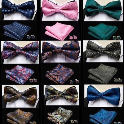 HUISHI Men's Classic Bow Tie Set – Blue Paisley Floral Bowtie with Pocket Square & Cufflinks | Wedding Party Suit Accessory