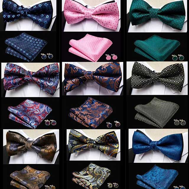 HUISHI Men's Classic Bow Tie Set β Blue Paisley Floral Bowtie with Pocket Square & Cufflinks | Wedding Party Suit Accessory