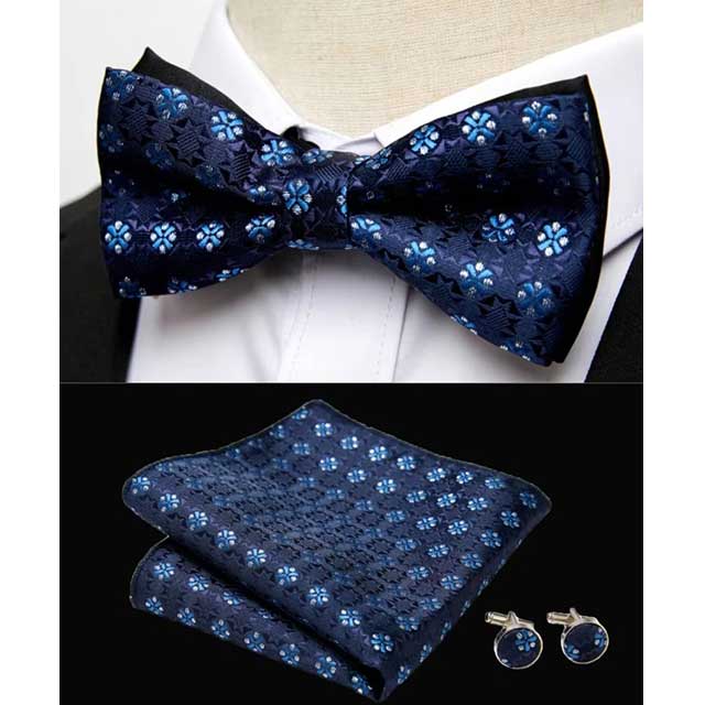 HUISHI Men's Classic Bow Tie Set β Blue Paisley Floral Bowtie with Pocket Square & Cufflinks | Wedding Party Suit Accessory