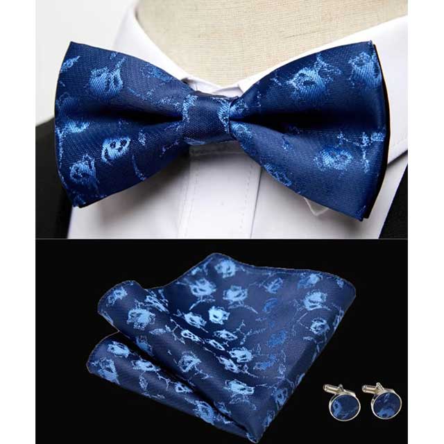 HUISHI Men's Classic Bow Tie Set β Blue Paisley Floral Bowtie with Pocket Square & Cufflinks | Wedding Party Suit Accessory