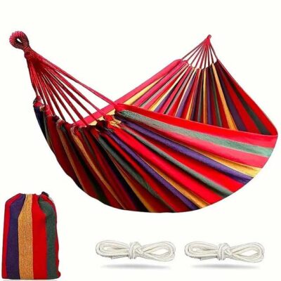 Woven Double Hammock with Travel Bag – Outdoor Cotton-Polyester Blend Hammock with Rope Bindings | Machine Washable Lounger for Garden, Patio, Beach & Camping (Ages 14+)